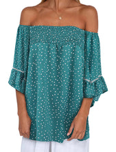 Load image into Gallery viewer, FANCYINN Womens Smocked Off Shoulder Top 3/4 Lace Patchwork Flared Sleeves Floral Ruffles Blouse