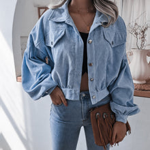 Load image into Gallery viewer, FANCYINN Women's Long Sleeve Pocket Front Button Up Crop Corduroy Jacket