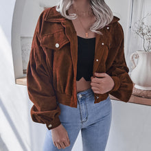 Load image into Gallery viewer, FANCYINN Women's Long Sleeve Pocket Front Button Up Crop Corduroy Jacket