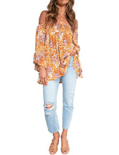 Load image into Gallery viewer, FANCYINN Womens Smocked Off Shoulder Top 3/4 Lace Patchwork Flared Sleeves Floral Ruffles Blouse