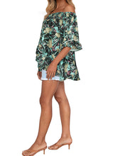 Load image into Gallery viewer, FANCYINN Womens Smocked Off Shoulder Top 3/4 Lace Patchwork Flared Sleeves Floral Ruffles Blouse