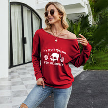 Load image into Gallery viewer, FANCYINN Women Sweatershirt Halloween It's Never Too Early For Halloween Printed Off Shoulder Pullover Casual Graphic Fall Long Sleeve T Shirt Tops