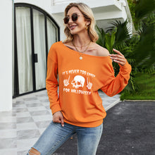 Load image into Gallery viewer, FANCYINN Women Sweatershirt Halloween It's Never Too Early For Halloween Printed Off Shoulder Pullover Casual Graphic Fall Long Sleeve T Shirt Tops