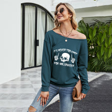 Load image into Gallery viewer, FANCYINN Women Sweatershirt Halloween It's Never Too Early For Halloween Printed Off Shoulder Pullover Casual Graphic Fall Long Sleeve T Shirt Tops