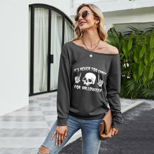 Load image into Gallery viewer, FANCYINN Women Sweatershirt Halloween It's Never Too Early For Halloween Printed Off Shoulder Pullover Casual Graphic Fall Long Sleeve T Shirt Tops
