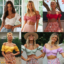 Load image into Gallery viewer, FANCYINN Women's Ruffle Off Shoulder Crop Top Strapless Short Sleeve Tie Blouse