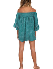 Load image into Gallery viewer, FANCYINN Womens Smocked Off Shoulder Top 3/4 Lace Patchwork Flared Sleeves Floral Ruffles Blouse