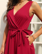 Load image into Gallery viewer, FANCYINN Womens Wrap Dress Sleeveless A-Line V-Neck Cocktail Swing Dresses with Pockets and Belt