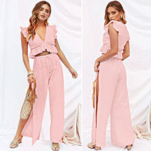 Load image into Gallery viewer, Womens 2 Pieces Outfits Set Ruffle Crop Top Drawstring Side Split Wide Leg Pants