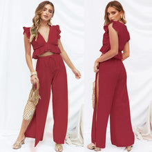 Load image into Gallery viewer, Womens 2 Pieces Outfits Set Ruffle Crop Top Drawstring Side Split Wide Leg Pants