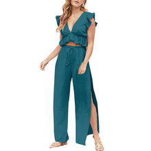 Load image into Gallery viewer, Womens 2 Pieces Outfits Set Ruffle Crop Top Drawstring Side Split Wide Leg Pants