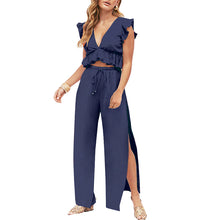 Load image into Gallery viewer, Womens 2 Pieces Outfits Set Ruffle Crop Top Drawstring Side Split Wide Leg Pants