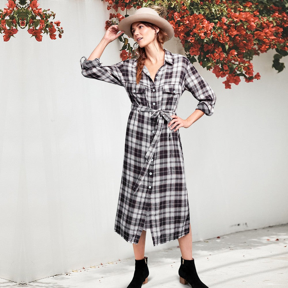 Women Plaid Checkered Roll Up Long Sleeve Tops Casual Midi Shirt Dress –  Fancyinn