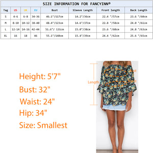 FANCYINN Womens Smocked Off Shoulder Top 3/4 Lace Patchwork Flared Sleeves Floral Ruffles Blouse
