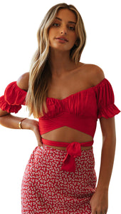 FANCYINN Women's Ruffle Off Shoulder Crop Top Strapless Short Sleeve Tie Blouse