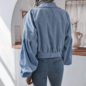 FANCYINN Women's Long Sleeve Pocket Front Button Up Crop Corduroy Jacket