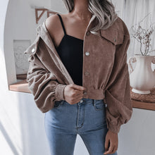 Load image into Gallery viewer, FANCYINN Women&#39;s Long Sleeve Pocket Front Button Up Crop Corduroy Jacket
