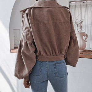 FANCYINN Women's Long Sleeve Pocket Front Button Up Crop Corduroy Jacket