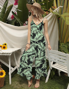 FANCYINN Womens Floral Loose Jumpsuits Rompers Spaghetti Strap Deep V Wide Leg Pants Ruffled Irregular Hem Summer Casual