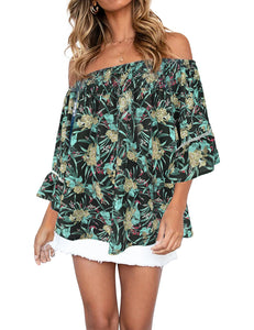 FANCYINN Womens Smocked Off Shoulder Top 3/4 Lace Patchwork Flared Sleeves Floral Ruffles Blouse