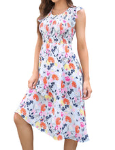 Load image into Gallery viewer, FANCYINN Womens Elegant Smocked Dress Ruffles Cap Sleeves Summer Floral Midi Shirred Dress with Pockets

