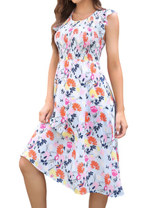 FANCYINN Womens Elegant Smocked Dress Ruffles Cap Sleeves Summer Floral Midi Shirred Dress with Pockets