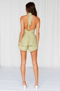 FANCYINN Women's Cute Summer Shorts Rompers Halter Neck Top Backless Tiered Ruffles Shorts Jumpsuits with Belt Floral