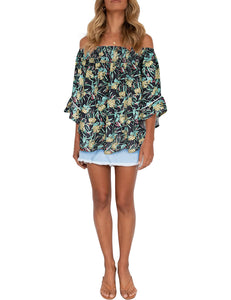 FANCYINN Womens Smocked Off Shoulder Top 3/4 Lace Patchwork Flared Sleeves Floral Ruffles Blouse