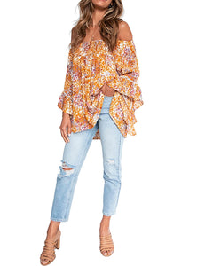 FANCYINN Womens Smocked Off Shoulder Top 3/4 Lace Patchwork Flared Sleeves Floral Ruffles Blouse