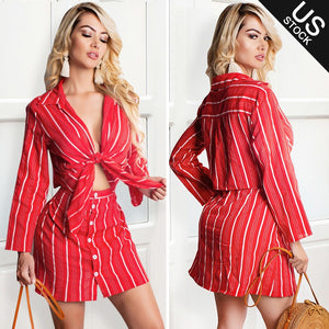 Women 2 Piece Outfit Dress Set Stripe Open Front Crop Top Button Down Mini Skirt