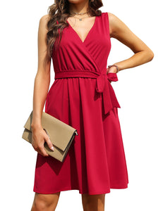 FANCYINN Womens Wrap Dress Sleeveless A-Line V-Neck Cocktail Swing Dresses with Pockets and Belt