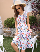Load image into Gallery viewer, FANCYINN Womens Elegant Smocked Dress Ruffles Cap Sleeves Summer Floral Midi Shirred Dress with Pockets
