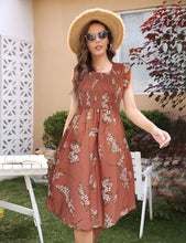 Load image into Gallery viewer, FANCYINN Womens Elegant Smocked Dress Ruffles Cap Sleeves Summer Floral Midi Shirred Dress with Pockets
