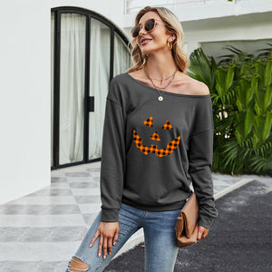 FANCYINN Women Sweatershirt Halloween Smiley Printed Off Shoulder Pullover Casual Graphic Fall Long Sleeve T Shirt Tops