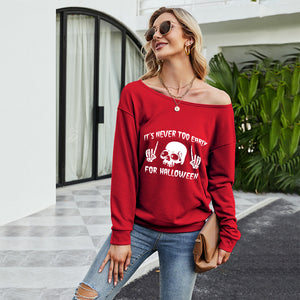 FANCYINN Women Sweatershirt Halloween It's Never Too Early For Halloween Printed Off Shoulder Pullover Casual Graphic Fall Long Sleeve T Shirt Tops