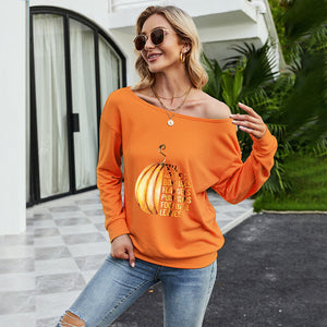 FANCYINN Women Sweatershirt Halloween Pumpkin Printed Off Shoulder Pullover Casual Graphic Fall Long Sleeve T Shirt Tops