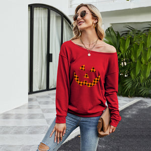 FANCYINN Women Sweatershirt Halloween Smiley Printed Off Shoulder Pullover Casual Graphic Fall Long Sleeve T Shirt Tops