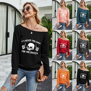 FANCYINN Women Sweatershirt Halloween It's Never Too Early For Halloween Printed Off Shoulder Pullover Casual Graphic Fall Long Sleeve T Shirt Tops