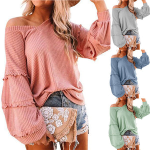 FANCYINN Women's Oversized Off Shoulder Pullover Tops Long Sleeve Loose Fit Waffle Knit Tops