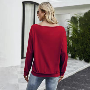 FANCYINN Women Sweatershirt Halloween Smiley Printed Off Shoulder Pullover Casual Graphic Fall Long Sleeve T Shirt Tops