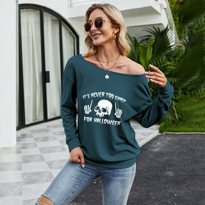 FANCYINN Women Sweatershirt Halloween It's Never Too Early For Halloween Printed Off Shoulder Pullover Casual Graphic Fall Long Sleeve T Shirt Tops