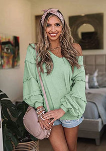 FANCYINN Women's Oversized Off Shoulder Pullover Tops Long Sleeve Loose Fit Waffle Knit Tops