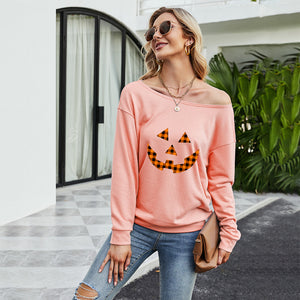 FANCYINN Women Sweatershirt Halloween Smiley Printed Off Shoulder Pullover Casual Graphic Fall Long Sleeve T Shirt Tops