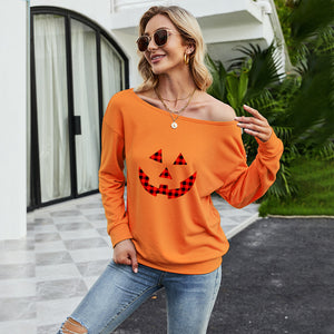 FANCYINN Women Sweatershirt Halloween Smiley Printed Off Shoulder Pullover Casual Graphic Fall Long Sleeve T Shirt Tops