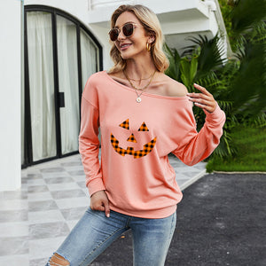 FANCYINN Women Sweatershirt Halloween Smiley Printed Off Shoulder Pullover Casual Graphic Fall Long Sleeve T Shirt Tops
