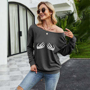 FANCYINN Women Sweatershirt Halloween Skeleton Printed Off Shoulder Pullover Casual Graphic Fall Long Sleeve T Shirt Tops