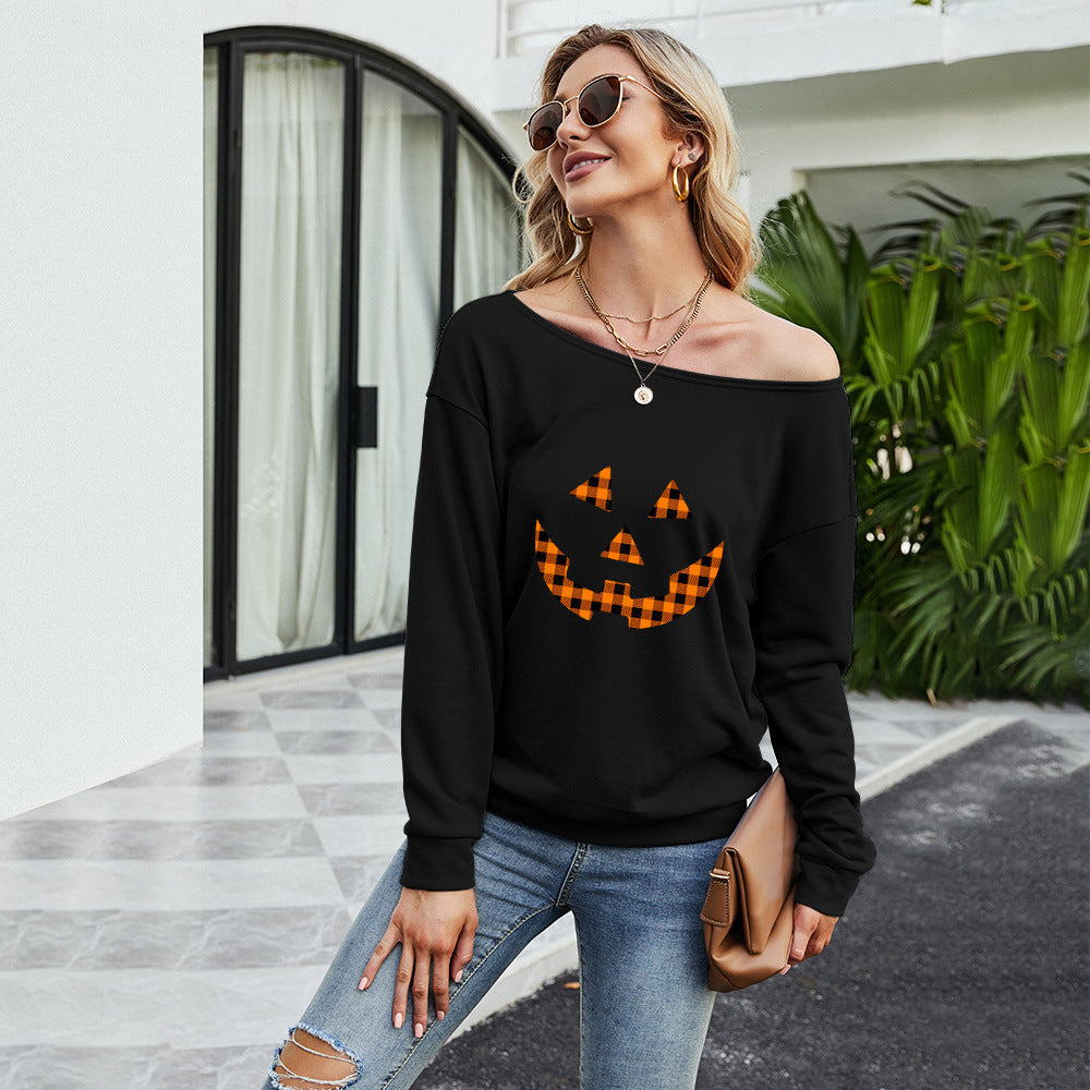 FANCYINN Women Sweatershirt Halloween Smiley Printed Off Shoulder Pullover Casual Graphic Fall Long Sleeve T Shirt Tops
