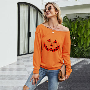 FANCYINN Women Sweatershirt Halloween Smiley Printed Off Shoulder Pullover Casual Graphic Fall Long Sleeve T Shirt Tops