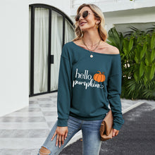 Load image into Gallery viewer, FANCYINN Women Sweatershirt Halloween Hello Pumpkin Printed Off Shoulder Pullover Casual Graphic Fall Long Sleeve T Shirt Tops
