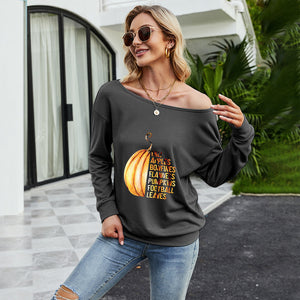 FANCYINN Women Sweatershirt Halloween Pumpkin Printed Off Shoulder Pullover Casual Graphic Fall Long Sleeve T Shirt Tops